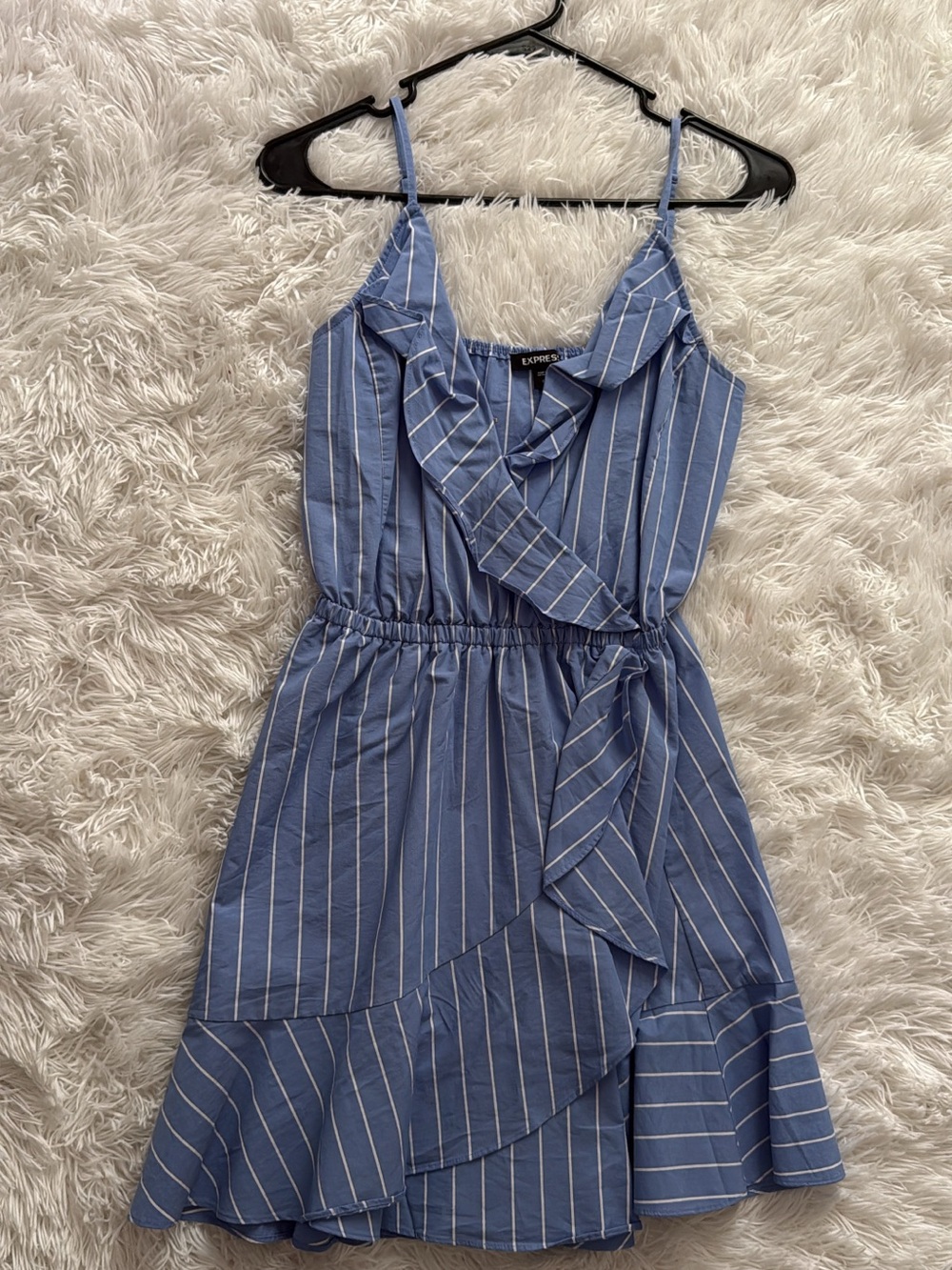 Express Light Blue and White Striped Ruffle Wrap Mini Dress